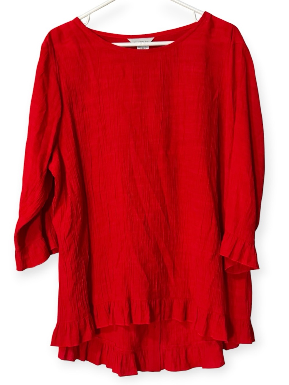 Multiples Women Red Tunic Blouse Sz XL  Ruffle Hem 3/4 Sleeve Button Back Light